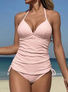 Swim Lushoire 2pcs White Knitted Textured Waist-Cinched Side Tie Elegant Casual Vacation Padded Cup Swimsuit Set For Women For Summer