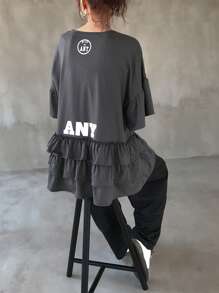FRIFUL 女式T恤，背面印有字母，荷叶边下摆，宽松休闲 - 灰色 - 查看 2