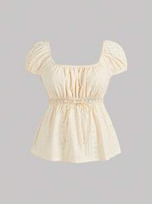 SHEIN MOD 大码黄色T恤，胸部褶皱，腰部收紧，袖口宽