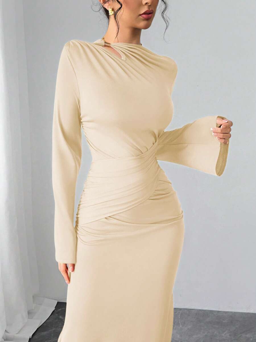 Modelyn Đầm suông dài tay xếp ly màu trơn thanh lịch cho nữ - Màu be - Xem 1
