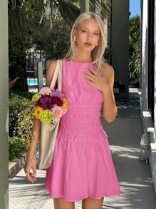 SHEIN EZwear Summer Sleeveless Cinched Waist Ruched Mini Dress - Pink - View 6