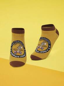 TOM & JERRY X SHEIN 1 par de calcetines de tobillo cómodos para mujer con diseño de ratón de dibujos animados de color contrastante - Marrón - Ver 4