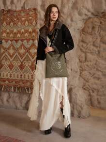 SHECARRY Fashion Solid Color Rivet Large Capacity Faux Suede Tote Handbag For Women