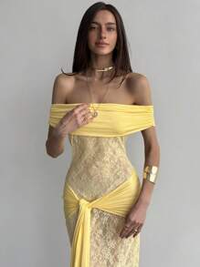Aloruh Women's Elegant Apricot Lace Maxi Dress: Sleeveless, Off-The-Shoulder Design With Twist Detail - Apricot - View 4