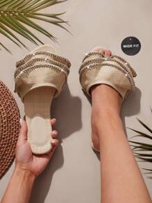 SHUZIA Sandalia plana de mujer de amplio ajuste con volantes de gasa a la moda - Albaricoque - Ver 3