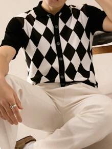 Manfinity CasualKnits Men's Casual Knitwear Polo Shirt With Diamond Pattern Short Sleeve Button-Front Top For Regular Fit And Stylish Look - Multicolor - View 3