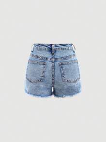 SHEIN Girlism Shorts vaqueros de mezclilla desgastada con bolsillos en diagonal para niñas preadolescentes, conjuntos de ropa de verano para niñas estilo bohemio casual