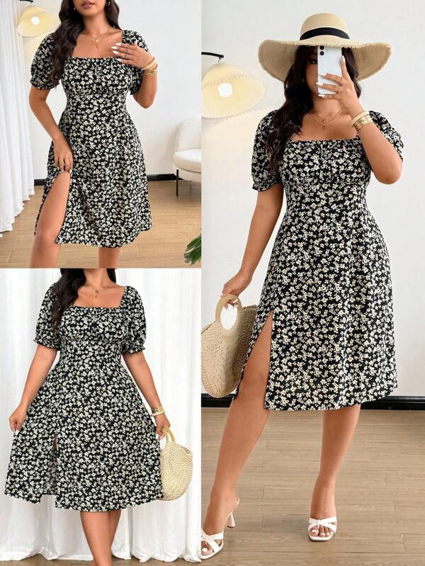 Sunnyshic Vestido con abertura lateral romántica, estilo floral diminuto y refrescante para vacaciones, talla grande