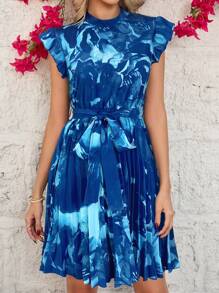 SHEIN Clasi 1 pieza Vestido midi ajustado con cintura de lazo y estampado de acuarela verde, cuello alto y bajo fruncido. Conjunto de vestidos de verano para mujer para vacaciones, vestidos de verano, ropa de verano para mujer, vestidos de verano para el día de San Patricio, conjunto de vestidos de verano para el día de San Patricio, vestidos de verano para mujer, vestido de sol