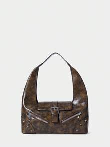 SHECARRY Women Fashion Punk Y2K Rivet Zipper Decor Shoulder Bag, Hobo Bag - Coffee Brown - View 1
