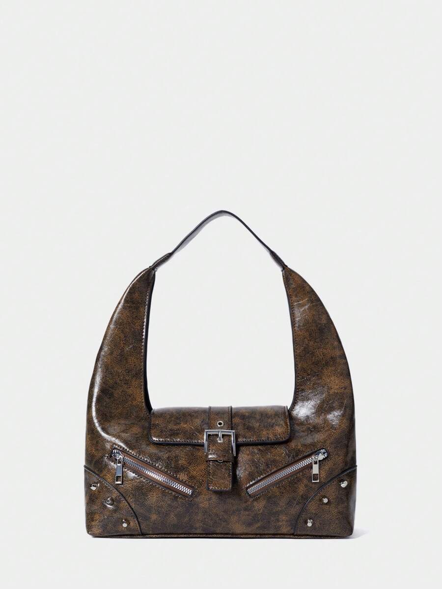 SHECARRY Women Fashion Punk Y2K Rivet Zipper Decor Shoulder Bag, Hobo Bag - Coffee Brown - View 1