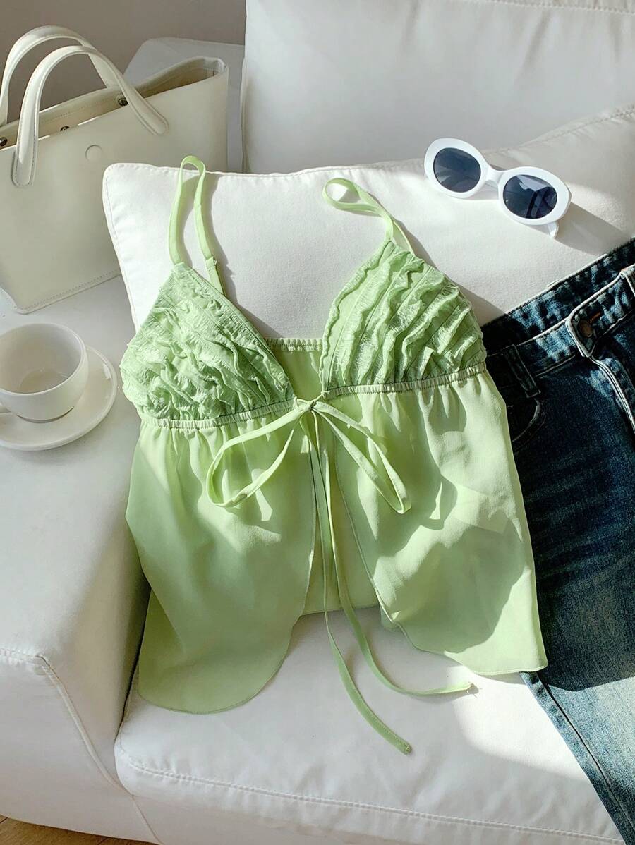 Comfortcana Ladies Summer Solid Color Front-Tie Asymmetrical Hem Camisole - Green - View 1