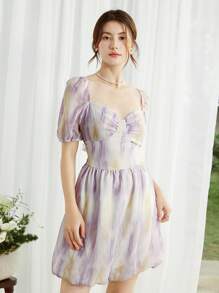 SHEIN LUNE Purple Tie-Dye Backless Dress, Women's Summer New Sweet Flared Mini Dress - Multicolor - View 6