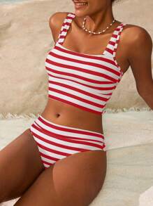 Swim Mod 女士条纹印花吊带背心和三角内裤比基尼套装 - 紅白色 - 查看 4