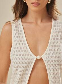 L'Amorae Women's Summer Vacation Knitted Top With Pearl Trim - White - View 6