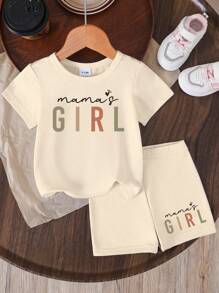 SHEIN Baby Girl Casual Creative Colorful Slogan Graphic Printed Short Sleeve Top & Cycling Shorts, 2-Piece Set