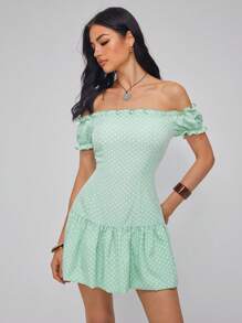 Rafferiza Women's Polka Dot Print Ruffle Edge Off Shoulder Mini Dress - Green - View 6
