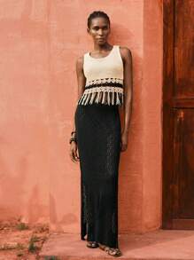 Maija Women's Vacation Hollow Out Design Tassel Hem Sleeveless Knitted Top ,Vacation Outfits - Black and White - View 2