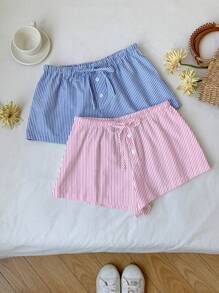 Comfortcana 2pcs Women Casual Button Tie Knot Striped Shorts Set, Suitable For Summer Suitable For Going Out - Multicolor - View 5