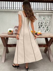 SHEIN Frenchy Abito casual da donna con scollo quadrato, maniche a palloncino e righe