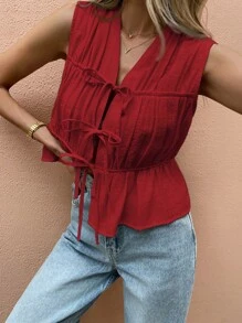 SHEIN Frenchy 女士度假休闲纯色无袖纽扣衬衫 - 紅色 - 查看 7