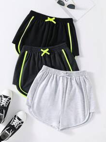 Set de 3 pantalones cortos deportivos con cordón de cintura de unicolor para adolescentes y niñas jóvenes