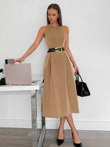 Siren Gaze 女士高腰灰色无袖 A 字口袋中长连衣裙，灰色系列的一部分 - 卡其色 - 查看 5