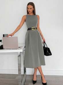 Siren Gaze Women's High-Waist Grey Sleeveless A-Line Pocket Midi Dress, Grey Casual Dress Business Casual Woman Summer Elegant Evening Dress - Light Grey - View 5