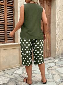 SHEIN LUNE 2 Pcs/Set: V-Neck Asymmetrical Hem Tank Top And Polka Dot Print Capri Pants, Comfortable & Casual - Army Green - View 2