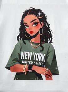 SHEIN 2pcs Set: Teen Girl Casual Cool Graphic Print Round Neck Short Sleeve T-Shirt Top And Loose Cargo Pocket Pants, Army Green Chic Outfit For Everyday And Outing