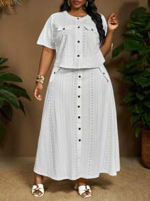 SHEIN CURVE+ Plus Size Women Holiday Openwork Jacquard Pocket Top & Long Skirt 2 Pieces Set, Curve Plus, Boho Vacation, Summer Outfits For Womenbeach Outfits For Woman/Beach Dress/Beach Vacation Outfits/Beach Essentials / Graduation/Tea Party Dress - White - View 6