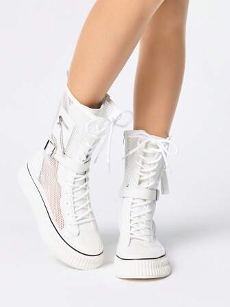 Botas de media pantorrilla de moda con puntera redonda, cordones frontales, de malla de poliéster y suela de goma plana, aptas para uso diario, citas, compras, traslados y fiestas.