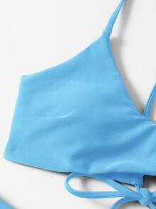 Swim Basics 女款純色細肩帶分體式比基尼泳衣，三角泳褲，無鋼圈，適合夏季海灘度假 - 淺藍色 - 查看 5