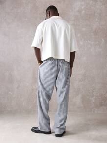 SUMWON 高腰阔腿条纹套脚裤休闲家居服抽绳长裤度假服夏季海滩度假轻便舒适宽松裤 - 藍色 - 查看 4