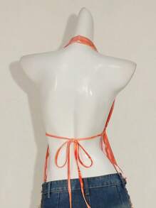 SHEIN ICON Women's Summer Floral Print Halter Neck Asymmetrical Hem Tank Top - Orange - View 5