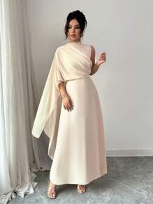 Rafferiza Elegant Solid Color Asymmetric Neck Dress - Apricot - View 2