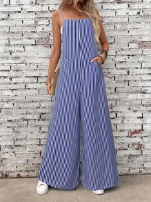 SHEIN LUNE 女式休闲条纹开衩口袋阔腿连体裤，夏季 - 藍色 - 查看 3