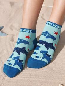 Shark Week X SHEIN 3 pares de calcetines casuales de tobillo suaves, transpirables y que absorben la humedad con patrón a rayas de tiburón, grises y azules, cortos y fashion, con refuerzo en la punta y el talón para mayor durabilidad, unisex para hombres y mujeres, para todo el año