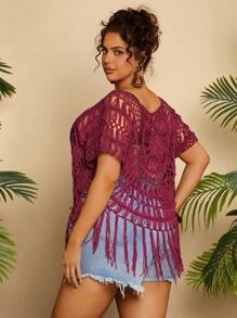 Travachic Plus Size Women Hollow Out Solid Color Short Sleeve Knit Blouse, Suitable For Vacation