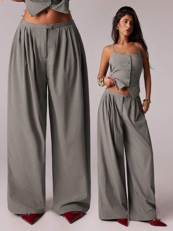 SHEIN Forever 21 Business Women Attire /Wide Leg Women Pants/Gray Fold/Comfortable Suit Pants