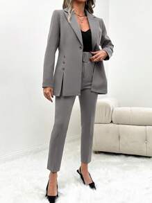 EURMUSE Women's Business Casual Solid Color Split Hem Long Sleeve Blazer And Pant Suit