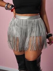 Slaydiva SLAYR PLUS Music Festival Black Fringe PU Elastic Knit Mini Shorts, Plus Size