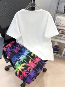 SHEIN Leap Crew 2pcs/Set Teen Boys Casual Short Sleeve T-Shirt And Shorts Set, Street Style Punk Rock College Daily Outfit, Suitable For Spring/Summer, Coconut Tree Print Beach Shorts, Tropical - Multicolor - View 2