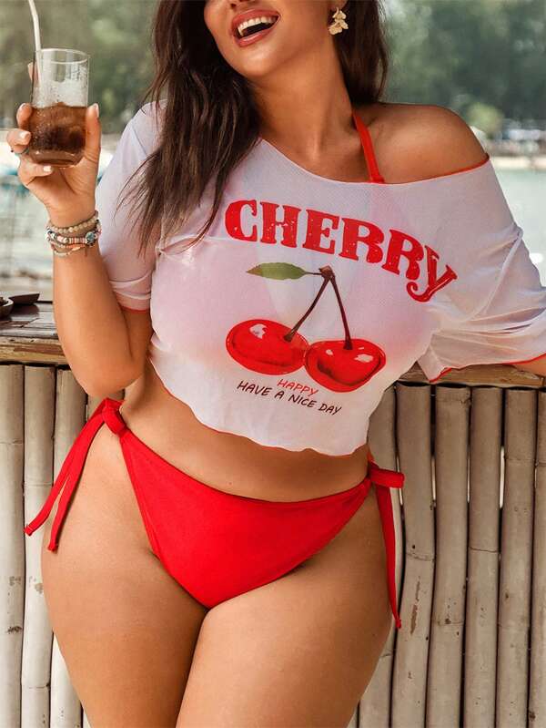 Swim Mod Plus Size Women Cherry Print 3-Piece Swimsuit Set With Triangle Top, Halter Neck, And Semi-Sheer Half-Sleeve, Simple And Fashionable Vacation Casual Swimwear For Summer