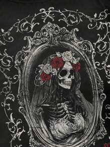 ROMWE Goth Vintage Totenkopf Rose Braut Gothic Muster abgenutzt bedrucktes loses asymmetrisches Große Größen T-Shirt mit einem Schulter