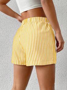SHEIN EZwear Summer Women's Casual Yellow & White Striped Woven Shorts,Butter Yellow - Yellow - View 2