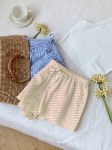 Comfortcana 2 件套女士休闲纽扣和蝴蝶结条纹短裤套装，适合夏季 - 彩色 - 查看 5
