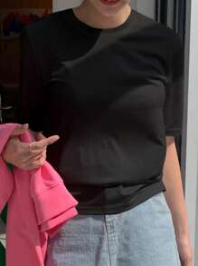 DAZY 女士休闲纯色圆领短袖T恤，夏季 - 黑色 - 查看 3