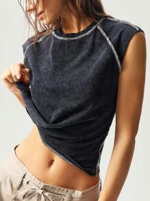 Bohemela BOHO Casual Solid Color Knit Round Neck Slim-Fit Washed Women T-Shirt - Black - View 2