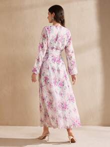 Graceveil Damen Frühlings-/Sommerkleid mit langem Blumen- und Palmenblatt-Muster, romantisch mit geraffter Taille, weitem Rock, bescheiden und elegant im arabischen Stil - Verschiedenfarbig - Übersicht 2
